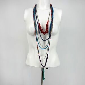 Noi Beaded Necklace  Super Long Glass Wood and Chain Multi Color Tassle Boho